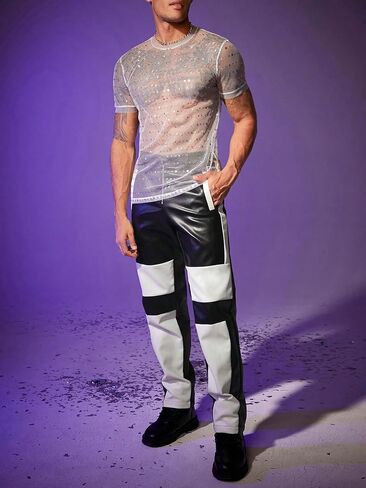 GORGLITTER Men's Mesh Sequin Tees Round Neck Sparkly Short Sleeve T Shirt in Saudi Arabia