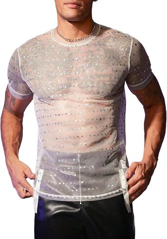 GORGLITTER Men's Mesh Sequin Tees Round Neck Sparkly Short Sleeve T Shirt in Saudi Arabia