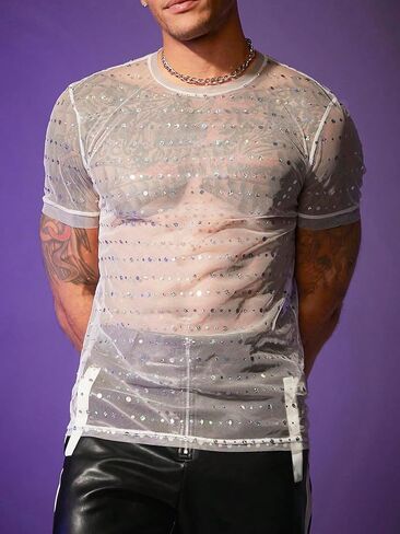 GORGLITTER Men's Mesh Sequin Tees Round Neck Sparkly Short Sleeve T Shirt in Saudi Arabia