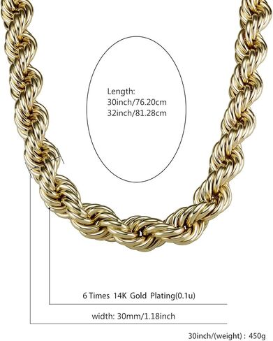OYOGAA Gold Rope Chain For Men,30MM/20MM Gold Rope Chain Thick Heavy Huge Chunky Necklace Chain Hip Hop Old School Dookie Rapper Chain 30inch in Kuwait