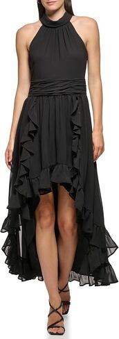Karl Lagerfeld Paris Women's Chiffon High-Low Maxi Dress with Ruffle Skirt and Mock Neck in Saudi Arabia