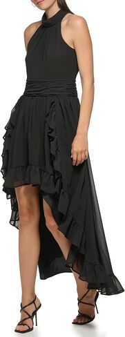 Karl Lagerfeld Paris Women's Chiffon High-Low Maxi Dress with Ruffle Skirt and Mock Neck in Saudi Arabia