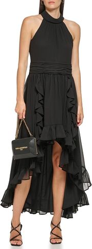 Karl Lagerfeld Paris Women's Chiffon High-Low Maxi Dress with Ruffle Skirt and Mock Neck in Saudi Arabia