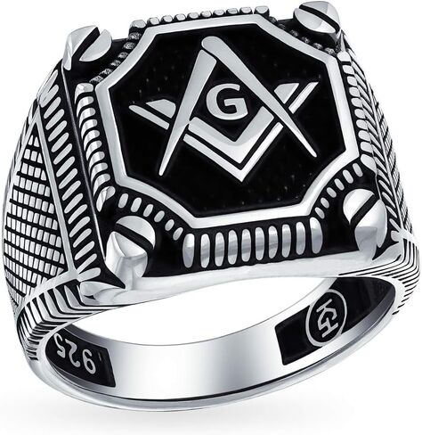 Mens Large Solid Tri Tone Black Inlay Style Compass Freemason Masonic Signet Ring For Men Oxidized Gold- Tone .925 Silver Made In Turkey in Saudi Arabia