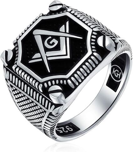 Mens Large Solid Tri Tone Black Inlay Style Compass Freemason Masonic Signet Ring For Men Oxidized Gold- Tone .925 Silver Made In Turkey in Saudi Arabia