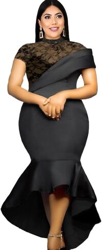 فساتين نسائية بمقاسات كبيرة فساتين رسمية وفساتين سهرة بأكمام قصيرة من الدانتيل باللون الأسود وكشكشة عالية الخصر in Kuwait