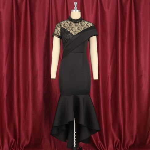 فساتين نسائية بمقاسات كبيرة فساتين رسمية وفساتين سهرة بأكمام قصيرة من الدانتيل باللون الأسود وكشكشة عالية الخصر in Kuwait