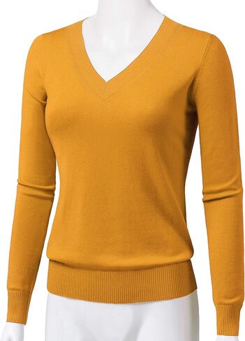 Women's V-Neck Long Sleeve Solid Basic Soft Stretch Pullover Knit Sweater in Kuwait