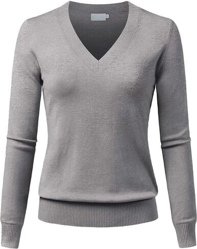 Women's V-Neck Long Sleeve Solid Basic Soft Stretch Pullover Knit Sweater in Kuwait