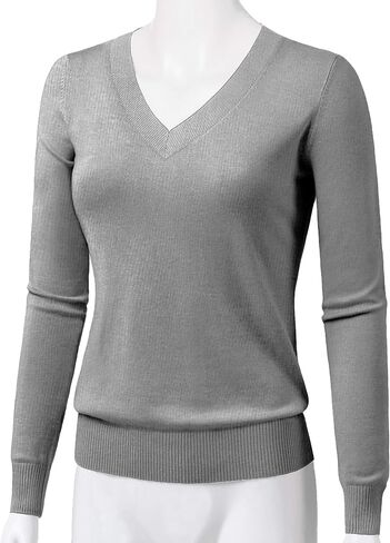 Women's V-Neck Long Sleeve Solid Basic Soft Stretch Pullover Knit Sweater in Kuwait