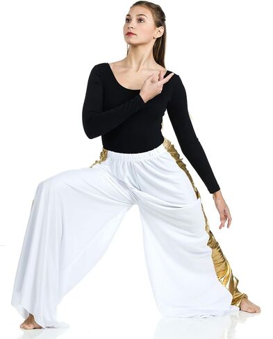 Danzcue Child Praise Dance 2 Tone Palazzo Pant, White-Gold, L-XL-Child in Saudi Arabia