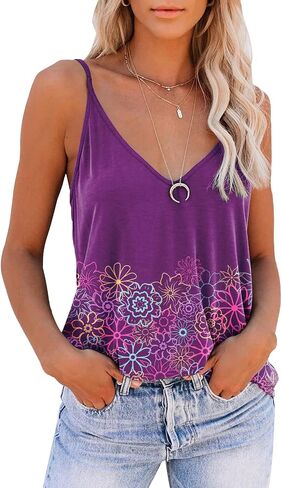 SAUKOLE Women's Adjustable Spaghetti Strap Shirts Blouse V Neck Floral Print Summer Sleeveless Casual Tank Tops in Saudi Arabia