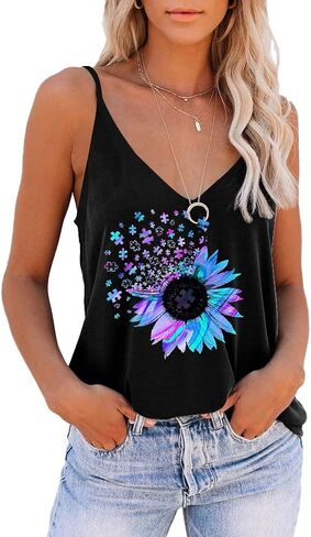SAUKOLE Women's Adjustable Spaghetti Strap Shirts Blouse V Neck Floral Print Summer Sleeveless Casual Tank Tops in Saudi Arabia