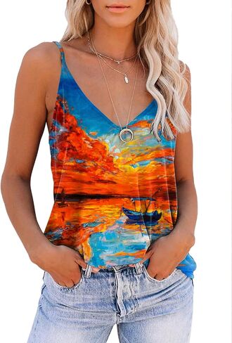 SAUKOLE Women's Adjustable Spaghetti Strap Shirts Blouse V Neck Floral Print Summer Sleeveless Casual Tank Tops in Saudi Arabia
