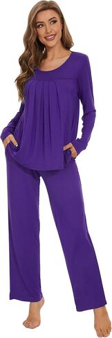 WiWi Viscose Pajamas Sets for Women Scoop Neck Pleated Front Sleepwear Long Sleeve Loungewear Set S-XXL in Saudi Arabia