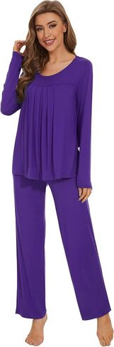 WiWi Viscose Pajamas Sets for Women Scoop Neck Pleated Front Sleepwear Long Sleeve Loungewear Set S-XXL in Saudi Arabia