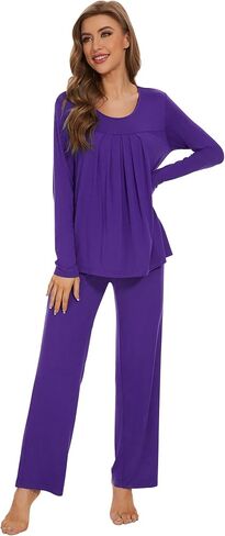WiWi Viscose Pajamas Sets for Women Scoop Neck Pleated Front Sleepwear Long Sleeve Loungewear Set S-XXL in Saudi Arabia