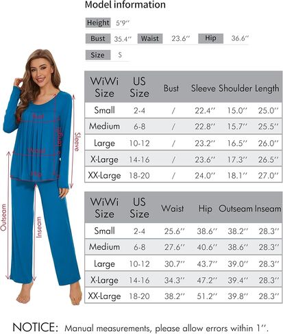 WiWi Viscose Pajamas Sets for Women Scoop Neck Pleated Front Sleepwear Long Sleeve Loungewear Set S-XXL in Saudi Arabia