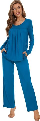 WiWi Viscose Pajamas Sets for Women Scoop Neck Pleated Front Sleepwear Long Sleeve Loungewear Set S-XXL in Saudi Arabia