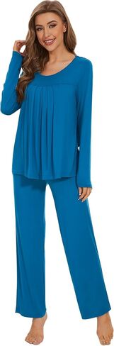 WiWi Viscose Pajamas Sets for Women Scoop Neck Pleated Front Sleepwear Long Sleeve Loungewear Set S-XXL in Saudi Arabia