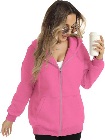 FANCYINN Womens Zip Up Hoodies Long Sleeve Oversized Sweatshirts Casual Drawstring Fall Fleece Jacket with Pockets in Kuwait