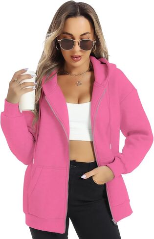 FANCYINN Womens Zip Up Hoodies Long Sleeve Oversized Sweatshirts Casual Drawstring Fall Fleece Jacket with Pockets in Kuwait