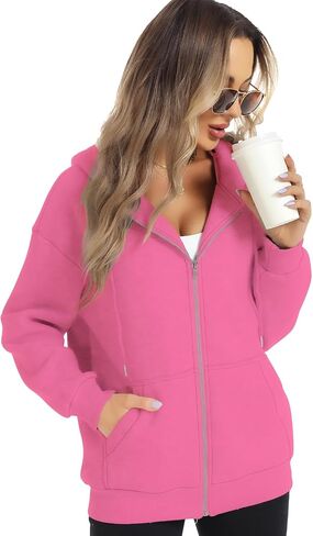 FANCYINN Womens Zip Up Hoodies Long Sleeve Oversized Sweatshirts Casual Drawstring Fall Fleece Jacket with Pockets in Kuwait