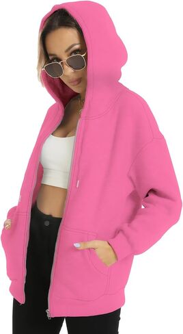 FANCYINN Womens Zip Up Hoodies Long Sleeve Oversized Sweatshirts Casual Drawstring Fall Fleece Jacket with Pockets in Kuwait