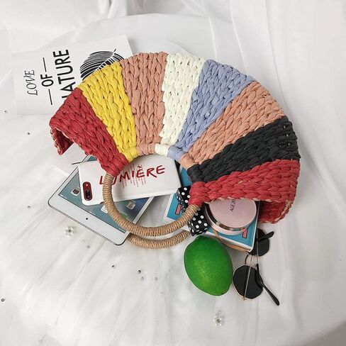 المرأة سترو حقيبة ، الملونة ريترو الصيف شاطئ حمل حقائب ويكر المنسوجة باليد راتان حمل مقبض حقيبة in Kuwait