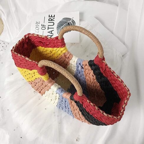 المرأة سترو حقيبة ، الملونة ريترو الصيف شاطئ حمل حقائب ويكر المنسوجة باليد راتان حمل مقبض حقيبة in Kuwait