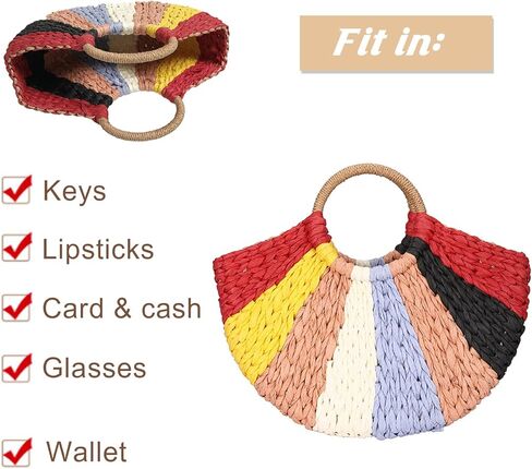 المرأة سترو حقيبة ، الملونة ريترو الصيف شاطئ حمل حقائب ويكر المنسوجة باليد راتان حمل مقبض حقيبة in Kuwait