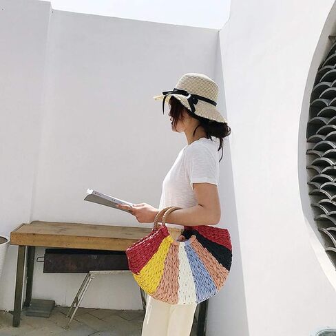 المرأة سترو حقيبة ، الملونة ريترو الصيف شاطئ حمل حقائب ويكر المنسوجة باليد راتان حمل مقبض حقيبة in Kuwait