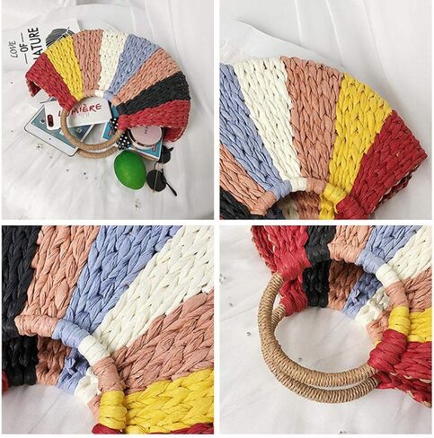 المرأة سترو حقيبة ، الملونة ريترو الصيف شاطئ حمل حقائب ويكر المنسوجة باليد راتان حمل مقبض حقيبة in Kuwait