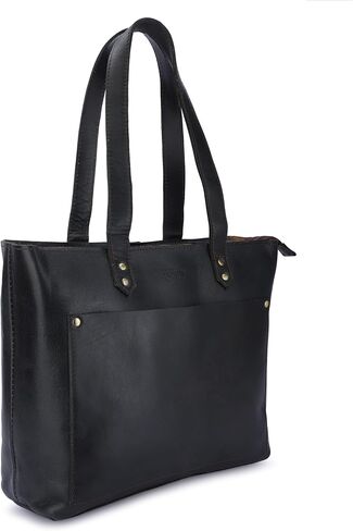 Ajuny Leather Tote Bag for Women Zipper Top Handle Satchel Purse with pockets for Business Office Shopping Work and Travel Soft Handbag Shopper ladies Oversized Shoulder Bag, Black in Saudi Arabia