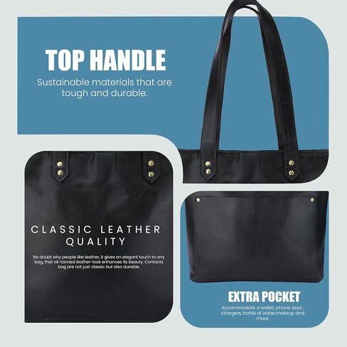 Ajuny Leather Tote Bag for Women Zipper Top Handle Satchel Purse with pockets for Business Office Shopping Work and Travel Soft Handbag Shopper ladies Oversized Shoulder Bag, Black in Saudi Arabia