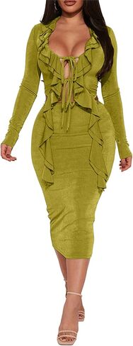 مجموعة تنورة نسائية مثيرة مكونة من قطعتين من CALEBGAR وربطة عنق مكشكشة وفتحة أمامية وأكمام طويلة أطقم تنورة ميدي ضيقة ملابس النادي والحفلات in Kuwait