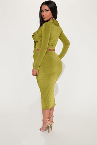 مجموعة تنورة نسائية مثيرة مكونة من قطعتين من CALEBGAR وربطة عنق مكشكشة وفتحة أمامية وأكمام طويلة أطقم تنورة ميدي ضيقة ملابس النادي والحفلات in Kuwait