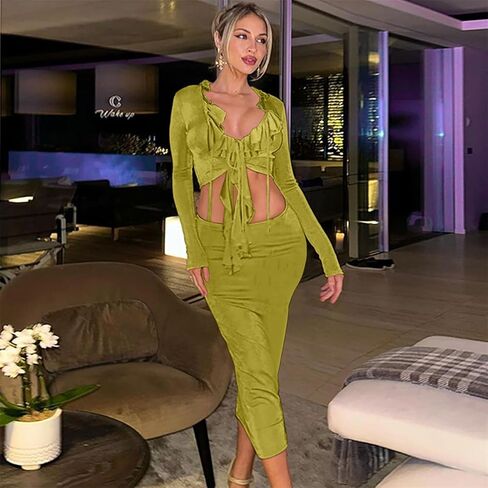 مجموعة تنورة نسائية مثيرة مكونة من قطعتين من CALEBGAR وربطة عنق مكشكشة وفتحة أمامية وأكمام طويلة أطقم تنورة ميدي ضيقة ملابس النادي والحفلات in Kuwait