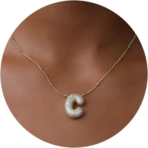 A-Z Bubble Letter Necklace Gold Balloon Initial Necklaces Rhinestone Letter Pendant Necklaces for Women Trendy in Saudi Arabia