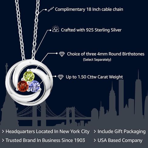 Gem Stone King 925 Sterling Silver Customized and Personalized Round Gemstone Birthstone 3 Stone Circle Pendant Necklace For Women With 18 Inch Silver Chain in Saudi Arabia