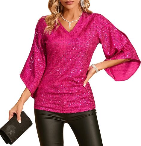 Sequin Tops for Women 3/4 Sleeve Blouse for Women Dressy Sparkly Tops V Neck Outfits for Party Glitter Tops in Saudi Arabia