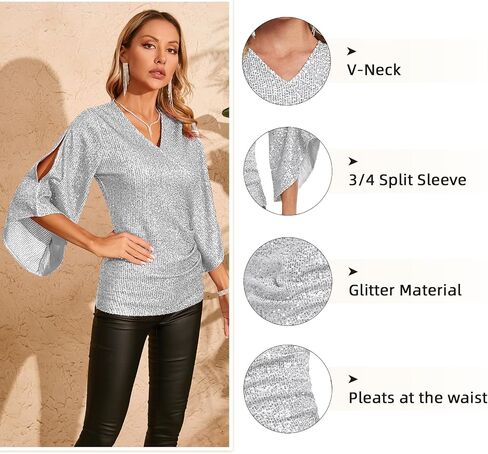 Sequin Tops for Women 3/4 Sleeve Blouse for Women Dressy Sparkly Tops V Neck Outfits for Party Glitter Tops in Saudi Arabia