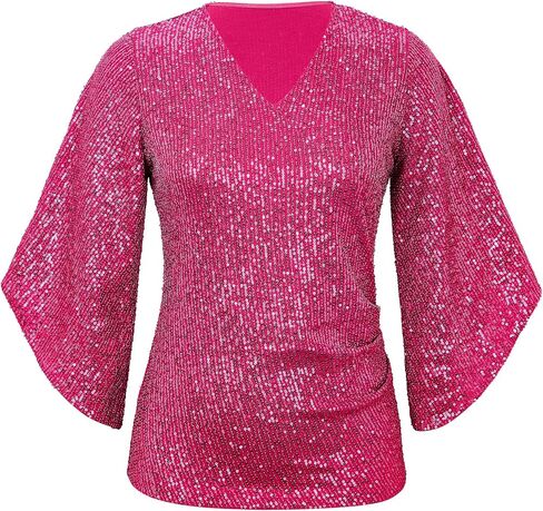 Sequin Tops for Women 3/4 Sleeve Blouse for Women Dressy Sparkly Tops V Neck Outfits for Party Glitter Tops in Saudi Arabia