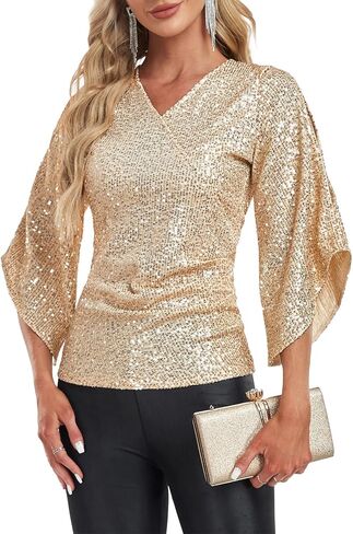 Sequin Tops for Women 3/4 Sleeve Blouse for Women Dressy Sparkly Tops V Neck Outfits for Party Glitter Tops in Saudi Arabia
