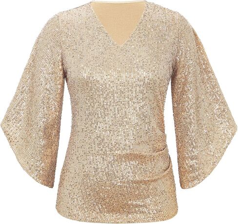 Sequin Tops for Women 3/4 Sleeve Blouse for Women Dressy Sparkly Tops V Neck Outfits for Party Glitter Tops in Saudi Arabia