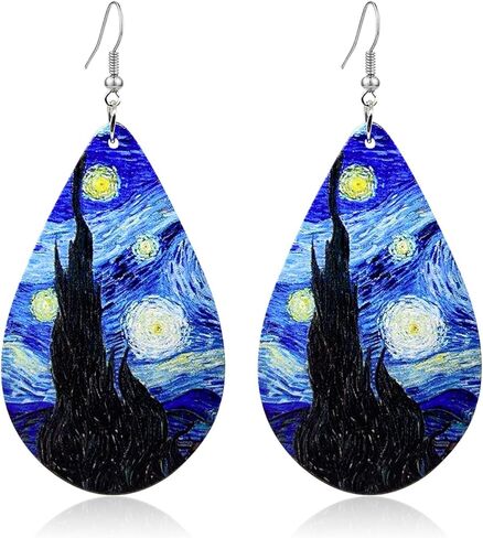 Lightweight Handmade Nature Wooden Sunflower Oil Painting Dangle Drop Earrings Boho teardrop Van Gogh Starry Wood Earring for Women Girls Creative Artwork Pendant Earrings Jewelry in Saudi Arabia