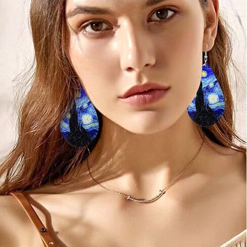 Lightweight Handmade Nature Wooden Sunflower Oil Painting Dangle Drop Earrings Boho teardrop Van Gogh Starry Wood Earring for Women Girls Creative Artwork Pendant Earrings Jewelry in Saudi Arabia
