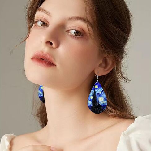 Lightweight Handmade Nature Wooden Sunflower Oil Painting Dangle Drop Earrings Boho teardrop Van Gogh Starry Wood Earring for Women Girls Creative Artwork Pendant Earrings Jewelry in Saudi Arabia