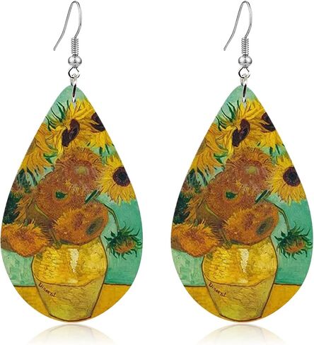 Lightweight Handmade Nature Wooden Sunflower Oil Painting Dangle Drop Earrings Boho teardrop Van Gogh Starry Wood Earring for Women Girls Creative Artwork Pendant Earrings Jewelry in Saudi Arabia