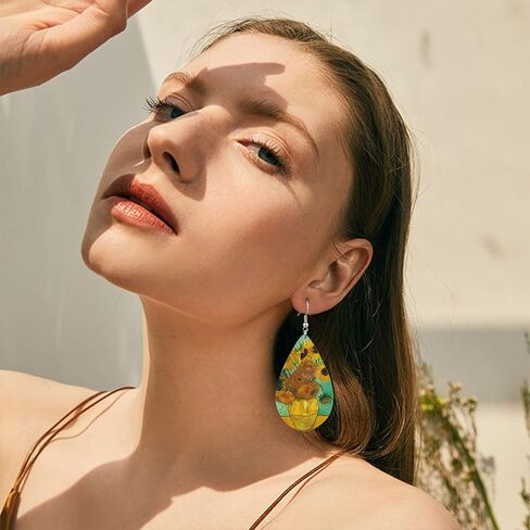 Lightweight Handmade Nature Wooden Sunflower Oil Painting Dangle Drop Earrings Boho teardrop Van Gogh Starry Wood Earring for Women Girls Creative Artwork Pendant Earrings Jewelry in Saudi Arabia